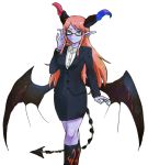  1girl black_suit blue_skin byte_(grunty-hag1) demon_girl demon_horns demon_tail earrings glasses green_nails hand_up horns jewelry monster_girl nail_polish office_lady original pencil_skirt pointy_ears skirt solo standing stud_earrings tail white_background wings 