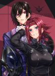  1boy 1girl black_gloves black_hair blue_eyes blush breasts clenched_teeth code_geass gloves hair_between_eyes headband highres hikari_(komitiookami) kallen_stadtfeld large_breasts lelouch_lamperouge redhead short_hair teeth violet_eyes 