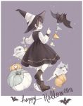  1girl artist_name bandage bat black_eyes black_hair blush boots closed_mouth commentary_request dress fairyapple full_body ghost halloween happy_halloween hat long_sleeves looking_to_the_side original pumpkin purple_background russian_commentary short_hair simple_background witch_hat 