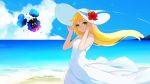  1girl bangs bare_shoulders beach blonde_hair clouds cosmog creatures_(company) day dress flower game_freak gen_7_pokemon green_eyes hand_on_headwear hat hat_flower hibiscus lillie_(pokemon) long_dress long_hair looking_at_viewer nintendo ocean outdoors pokemon pokemon_(game) pokemon_sm shito_zhizhen sky smile sun_hat sundress very_long_hair white_dress white_hat wind 