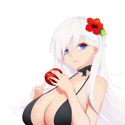  1girl apple azur_lane bangs belfast_(azur_lane) bikini black_bikini black_ribbon blue_eyes braid breasts closed_eyes flower food fruit hair_flower hair_ornament halter_top halterneck hibiscus holding holding_fruit large_breasts long_hair looking_at_viewer nail_polish neck_ribbon pink_nails ribbon shito_zhizhen simple_background solo strap_gap swimsuit upper_body white_background white_hair 