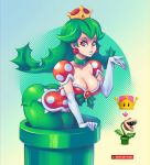  1girl ass bent_over blown_kiss blue_lipstick breasts cleavage collarbone crown detached_sleeves earrings elbow_gloves eyeshadow gloves green_collar green_hair green_legwear large_breasts lipstick long_hair makeup super_mario_bros. new_super_mario_bros._u_deluxe nintendo piranha_plant plant_hair puffy_short_sleeves puffy_sleeves red_eyes short_sleeves solo super_crown super_mario_bros. supersatanson warp_pipe white_gloves 
