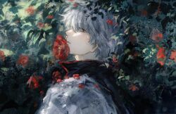  1boy black_shirt bush commentary commentary_request flower from_side gintama grey_hair hair_between_eyes highres japanese_clothes kimono leaf looking_at_viewer lushu_kuye male_focus messy_hair outdoors parted_lips petals popped_collar profile red_eyes red_flower sakata_gintoki shirt short_hair solo upper_body white_kimono 