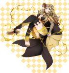  &gt;:d 1girl ahoge ass blonde_hair breasts bridal_gauntlets cape center_opening checkered checkered_background circlet cleavage elbow_gloves electricity fire_emblem fire_emblem_if gloves grey_eyes highres holding_cape ka_abend9 long_hair medium_breasts nintendo ophelia_(fire_emblem_if) smile solo thighs 