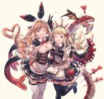  2girls ;d alternate_costume apron aqua_eyes arm_up bangs belt belt_buckle black_bow black_dress black_footwear black_gloves black_ribbon blonde_hair blue_eyes blunt_bangs book boots bow braid breasts brown_hair buckle cagliostro_(granblue_fantasy) cape clarisse_(granblue_fantasy) cleavage commentary_request cream cup cupcake djeeta_(granblue_fantasy) dragon dress elbow_gloves enmaided eyebrows_visible_through_hair feet_out_of_frame fingerless_gloves food food_on_breasts frilled_dress frills garter_straps gloves gran_(granblue_fantasy) granblue_fantasy hair_ribbon heart heart-shaped_pupils heart_hair highres holding holding_book holding_tray ice_cream large_bow long_hair looking_at_viewer lyria_(granblue_fantasy) maid maid_headdress medium_breasts milli_little multiple_girls neck_ribbon one_eye_closed open_book open_mouth ouroboros_(granblue_fantasy) pink_background pleated_dress pocky puffy_short_sleeves puffy_sleeves red_neckwear red_ribbon ribbon round_teeth shirt short_sleeves showgirl_skirt side_braid sidelocks simple_background single_braid smile standing standing_on_one_leg sundae sweets symbol-shaped_pupils tea teacup teapot teeth test_tube thigh-highs thigh_boots tray twitter_username upper_body v very_long_hair waist_apron whisk white_apron white_legwear white_shirt wrist_ribbon zettai_ryouiki 