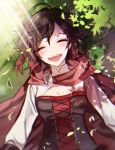  1girl black_hair breasts cape cleavage closed_eyes corset day ecru from_above gradient_hair long_sleeves lying medium_breasts multicolored_hair on_back open_mouth outdoors red_cape redhead ruby_rose rwby short_hair smile solo sunlight two-tone_hair upper_body white_sleeves 