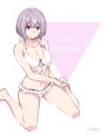  1girl barefoot bikini bob_cut breasts cleavage collarbone copyright_name frilled_bikini frills front-tie_top full_body highres hmng looking_at_viewer navel purple_hair redhead shinjou_akane short_hair simple_background sitting solo ssss.gridman swimsuit triangle wariza white_background 