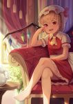  1girl ;d absurdres arm_support ascot bangs bare_legs barefoot blonde_hair bow commentary_request couch crystal curtains day dress elbow_rest flandre_scarlet frilled_shirt_collar frills goback hair_bow hand_on_own_cheek hat highres indoors legs_crossed long_hair looking_at_viewer mob_cap on_couch one_eye_closed one_side_up open_mouth red_dress red_eyes red_ribbon ribbon sash shirt short_sleeves smile solo sunlight table teapot toenails touhou upper_teeth white_hat white_shirt wings yellow_neckwear 