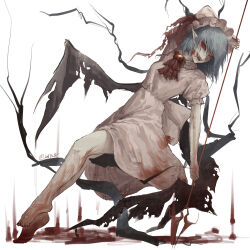  1girl absurdres artist_name ascot barefoot bat_wings blood blood_on_clothes blood_on_face blood_on_feet blood_on_hands blood_on_leg boru34 collared_dress dress fangs frilled_dress frilled_hat frills gem hat highres holding holding_polearm holding_weapon laevatein_(touhou) leaning_back looking_at_viewer mob_cap open_mouth panties pink_hat pointy_ears polearm puffy_short_sleeves puffy_sleeves red_ascot red_eyes red_gemstone remilia_scarlet short_hair short_sleeves signature smile solo striped_clothes striped_panties torn_wings touhou underwear vampire weapon white_dress wings 