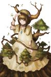  1girl absurdres antlers armlet bird braid branch brown_eyes brown_hair commentary fantasy fjsmu flower hair_flower hair_ornament hairband hand_on_own_head highres jewelry leaf long_hair nature no_legs original pendant roots simple_background smile solo tree twin_braids white_background 