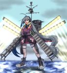  &gt;:d ahoge alternate_costume artist_name boots bow bowtie cross-laced_footwear crossed_arms dress fairy_(kantai_collection) grey_hair hair_between_eyes happi japanese_clothes kakiiro_(takuya) kantai_collection kiyoshimo_(kantai_collection) lace-up_boots light long_hair low_twintails multicolored_hair pantyhose purple_dress purple_legwear twintails very_long_hair violet_eyes 