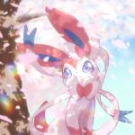  blue_eyes closed_mouth commentary_request day falling_petals looking_up no_humans outdoors petals pokemon pokemon_(creature) solo sylveon tree yuui_art 
