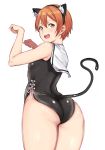  1girl :d alp animal_ears arms_up ass bangs bare_arms bare_shoulders black_hairband black_leotard cat_ears cat_tail cowboy_shot fake_animal_ears fake_tail from_behind hair_between_eyes hairband highres hoshizora_rin leotard looking_at_viewer looking_back love_live! love_live!_school_idol_project open_mouth orange_hair paw_pose sailor_collar short_hair side-tie_leotard simple_background smile solo tail white_background white_sailor_collar yellow_eyes 
