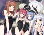  4girls :d :o alternative_girls animal_ears arm_behind_back ass_visible_through_thighs bangs baozi bare_arms bare_shoulders black_bow black_choker black_hairband black_leotard blue_eyes blue_hair blunt_bangs blush bow breasts brown_eyes brown_hair bunnysuit character_check choker cleavage commentary_request covered_navel cowboy_shot detached_collar eating eyebrows_visible_through_hair fake_animal_ears food green_eyes grey_hair hair_bow hair_ornament hairband hairclip hand_holding hand_up hands_up highleg highleg_leotard highres hiiragi_tsumugi hirose_koharu holding holding_food indoors kageira leotard long_hair looking_at_viewer mano_sakurako medium_breasts multiple_girls open_mouth orimiya_yui oversized_object pink_hair rabbit_ears round_teeth short_hair sidelocks small_breasts smile strapless strapless_leotard stuffed_animal stuffed_bunny stuffed_toy teeth twintails upper_body upper_teeth v wrist_cuffs 