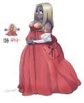  1girl :o belly blonde_hair bow breasts creatures_(company) curvy dark_skin dress fat game_freak gen_1_pokemon hands_together highres jynx large_breasts long_hair looking_back nintendo personification plump pokemon pokemon_(game) princess_dress red_bow red_dress tamtamdi 