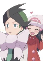  1boy 1girl :d beanie black_vest borrowed_accessory bow closed_eyes coat commentary_request green_hair green_necktie hair_ornament hairclip hat heart highres hikari_(pokemon) multicolored_hair nakikot_t necktie notice_lines open_mouth pokemon pokemon_dppt pokemon_platinum red_coat scarf shirt short_hair sidelocks simple_background smile thorton_(pokemon) two-tone_hair vest white_background white_bow white_scarf white_shirt 