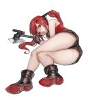  &gt;:o 1girl absurdres ass axe bangs black_footwear black_gloves black_shorts boots cz-75_(girls_frontline) egk513 fingerless_gloves full_body girls_frontline gloves hair_ornament hairclip highres legs long_hair looking_at_viewer lying on_side red_eyes red_shirt redhead scope shirt short_shorts shorts solo thighs twintails very_long_hair 