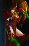  1girl blonde_hair boots breasts cleavage dagger dual_wielding elf gauntlets green_eyes high_ponytail holding knee_boots large_breasts long_eyebrows long_hair neo-tk.. pauldrons pelvic_curtain pointy_ears tagme valeera_sanguinar very_long_ears warcraft weapon world_of_warcraft 