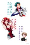  1girl 2boys bare_shoulders blue_eyes breasts brown_hair character_name cleavage code_geass green_hair headband highres ilohasvio jeremiah_gottwald kallen_stadtfeld mask mask_over_one_eye multiple_boys redhead rolo_lamperouge school_uniform short_hair violet_eyes yellow_eyes 