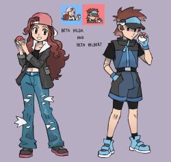  1boy 1girl 2024_pokemon_teraleak backwards_hat baseball_cap bike_shorts bike_shorts_under_shorts black_jacket black_visor crop_top grey_background hat highres hilbert_(pokemon)_(winonaparadise) hilda_(pokemon)_(winonaparadise) holding holding_poke_ball jacket mullet pants pink_hat poke_ball poke_ball_(basic) poke_ball_print pokemon pokemon_bw reference_inset shorts skipppppy sleeveless sleeveless_jacket torn_clothes torn_pants visor_cap 