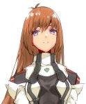  1girl antenna_hair bangs breasts elhaym_van_houten hair_between_eyes highres long_hair medium_breasts nuqura orange_hair parted_lips simple_background solo straight_hair turtleneck upper_body violet_eyes white_background xenogears 