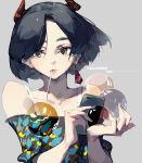  1girl bare_shoulders black_hair cellphone earrings fake_horns grey_background halloween highres jewelry looking_at_viewer original phone short_hair simple_background smartphone solo tennohi trick_or_treat upper_body yellow_eyes 
