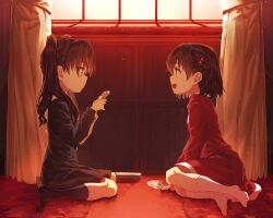  2girls absurdres aged_down black_dress black_hair black_socks card closed_mouth commentary_request curtains dress fate/stay_night fate_(series) heaven&#039;s_feel highres holding holding_card indoors long_hair long_sleeves matou_sakura multiple_girls no_shoes open_mouth parted_bangs playing_card profile red_dress short_hair siblings sisters sitting smile socks tohsaka_rin tsukudani_(ore624) twintails white_socks window 
