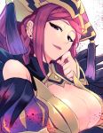  1girl braid breasts cleavage earrings fire_emblem fire_emblem_heroes hat highres jewelry large_breasts loki_(fire_emblem_heroes) nakabayashi_zun nintendo parted_lips purple_hair solo violet_eyes 