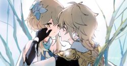  1boy 1girl aether_(genshin_impact) blonde_hair face-to-face flower genshin_impact hair_flower hair_ornament highres llbzqsj long_hair looking_at_another lumine_(genshin_impact) ponytail reeds siblings 