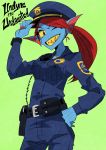  1girl ;d adjusting_headwear belt blue_hat blue_skin character_name deltarune green_background hand_up hat head_fins holster long_hair monster_girl one_eye_closed open_mouth pocket pointy_ears police police_uniform policewoman ponytail redhead sachy_(sachichy) sharp_teeth simple_background smile solo standing teeth undertale undyne uniform walkie-talkie yellow_sclera yellow_teeth 