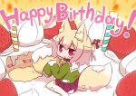  1girl :o animal_ear_fluff animal_ears bangs bell bell_collar birthday_cake blonde_hair blush cake candle collar commentary_request cream cream_on_face eyebrows_visible_through_hair fire food food_on_face fox_ears fox_girl fox_tail fruit green_shirt hair_between_eyes hair_bun hair_ornament highres holding holding_food in_food jingle_bell kemomimi-chan_(naga_u) long_hair long_sleeves looking_at_viewer looking_to_the_side minigirl naga_u original parted_lips pleated_skirt purple_skirt ribbon-trimmed_legwear ribbon_trim sailor_collar school_uniform serafuku shirt sidelocks sitting skirt sleeves_past_fingers sleeves_past_wrists solo strawberry tail wariza white_legwear white_sailor_collar 