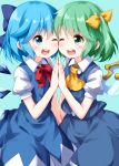  2girls ;d ascot blue_background blue_bow blue_dress blue_eyes blue_hair blue_skirt blue_vest bow bowtie cheek-to-cheek cirno daiyousei dress eyebrows_visible_through_hair eyes_visible_through_hair fairy_wings green_eyes green_hair hair_bow highres ice ice_wings looking_at_another medium_hair multiple_girls one_eye_closed one_side_up open_mouth palms_together puffy_short_sleeves puffy_sleeves red_neckwear ribbon round_teeth ruu_(tksymkw) shirt short_sleeves simple_background skirt skirt_set smile teeth touhou vest white_shirt wings yellow_neckwear yellow_ribbon 