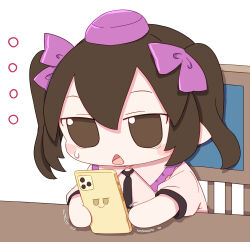  ... 1girl absurdres black_necktie blush_stickers brown_hair cellphone chair collared_shirt commentary_request fumo_(doll) hair_ribbon hat highres himekaidou_hatate holding holding_phone kame_(kamepan44231) necktie open_mouth phone pink_shirt purple_hat purple_ribbon ribbon shirt short_hair short_sleeves simple_background smartphone solo touhou white_background 