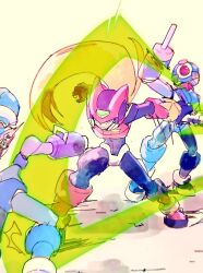  96uni69 arm_cannon armor battle blonde_hair energy_sword forehead_jewel helmet holding holding_sword holding_weapon long_hair mega_man_(series) mega_man_zero_(series) pantheon_(mega_man) red_armor red_helmet sword weapon z_saber zero(z)_(mega_man) zero_(mega_man) 