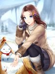  1girl :d black_gloves black_legwear blue_eyes blue_flower blurry blurry_background boots brown_footwear brown_hair coat flower gigamessy gloves grey_skirt hair_flower hair_ornament holding_gloves long_hair miniskirt open_mouth original outdoors pantyhose pleated_skirt red_flower ribbed_sweater skirt smile snowing snowman solo sweater white_sweater winter yellow_flower 