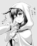  1girl armor blush breasts cloak fate/grand_order fate_(series) flying_sweatdrops gloves greyscale hand_on_another&#039;s_cheek hand_on_another&#039;s_face head_wings hood hooded_cloak monochrome one_eye_closed ono_misao ortlinde_(fate/grand_order) short_hair solo_focus sweatdrop translation_request valkyrie_(fate/grand_order) 