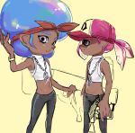  2boys afro bandanna baseball_cap black_pants blue_hair cosplay crop_top dark_skin dark_skinned_male hat highres iida_(splatoon) iida_(splatoon)_(cosplay) inkling lavender_eyes looking_at_viewer male_focus mole mole_under_eye mole_under_mouth multiple_boys nintendo octarian octoling pants parted_lips pink_hair pointy_ears ponytail sideburns splatoon splatoon_2 tentacle_hair yellow_kirby 