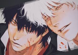  2boys alternate_costume black_hair black_jacket blood blood_on_clothes blood_on_face blood_splatter chimmyming closed_mouth commentary gintama hair_between_eyes highres jacket looking_at_viewer male_focus messy_hair multiple_boys one_eye_closed orange_eyes parted_lips portrait red_eyes red_shirt sakata_gintoki shirt short_hair smile symbol-only_commentary takasugi_shinsuke teeth white_hair 