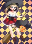  1girl absurdres arm_garter bare_shoulders blush boots broom broom_riding brown_hair checkered checkered_background choker collarbone corset creatures_(company) dirndl film_grain frilled_skirt frills game_freak gen_3_pokemon german_clothes halloween halloween_costume haruka_(pokemon) hat highres looking_down nintendo open_mouth pokemon pokemon_(creature) pokemon_(game) pokemon_oras shadow skirt surprised torchic underbust violet_eyes witch witch_hat yuihiko 