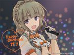  1girl alice_gear_aegis blazer bow bowtie braid dated eyebrows_visible_through_hair frilled_gloves frills gloves hair_bow hand_on_own_chest happy_birthday heart holding holding_microphone idol jacket light_brown_hair lights looking_at_viewer microphone official_art open_mouth orange_ribbon portrait puffy_short_sleeves puffy_sleeves ribbon shimada_fumikane shimoochiai_touka short_sleeves solo upper_body violet_eyes watermark white_gloves white_jacket wing_collar 