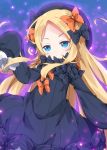  1girl abigail_williams_(fate/grand_order) bangs black_bow black_dress black_hat blonde_hair blue_eyes blush bow bug butterfly closed_mouth commentary dress fate/grand_order fate_(series) forehead glowing hair_bow hand_up hat head_tilt insect long_hair long_sleeves milkpanda orange_bow parted_bangs polka_dot polka_dot_bow sleeves_past_fingers sleeves_past_wrists solo v-shaped_eyebrows very_long_hair 