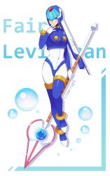  1girl absurdres air_bubble armor blue_armor blue_eyes blue_helmet bubble commentary crowrrupt english_commentary fairy_leviathan_(mega_man) fins forehead_jewel full_body head_fins helmet highres holding holding_polearm holding_weapon mega_man_(series) mega_man_zero_(series) polearm simple_background solo spear weapon white_background 