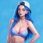  1girl backwards_hat baseball_cap bikini blue_background blue_eyes blue_eyeshadow blue_hair blue_lipstick breasts choker cleavage eyeshadow freckles hat lips lipstick long_hair looking_at_viewer makeup nose original simple_background swimsuit tattoo umigirl_(umigraphics) umigraphics upper_body 
