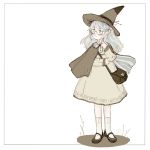  1girl bag blush cloak closed_mouth commentary_request dress fairyapple full_body glasses grey_eyes hat long_hair long_sleeves original russian_commentary shoes simple_background sketch socks solo white_background white_hair witch_hat 