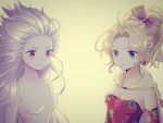  2girls bare_shoulders blonde_hair blue_eyes breasts cape cleavage closed_mouth collarbone detached_sleeves dual_persona earrings final_fantasy final_fantasy_vi floral_print frown hair_intakes hair_ornament ichi_(pixiv6373491) jewelry long_hair medium_breasts multiple_girls no_nipples nude ponytail purple_hair purple_skin rose_print strapless tina_branford trance_tina_branford upper_body v-shaped_eyebrows very_long_hair violet_eyes white_cape 