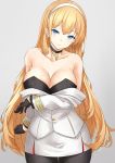  1girl arm_under_breasts asya azur_lane bangs bare_shoulders black_bra black_gloves black_legwear blonde_hair blue_eyes blush bra breasts choker cleavage collarbone cross cross_choker eyebrows_visible_through_hair frown gloves grey_background hair_between_eyes hairband head_tilt highres jacket_pull large_breasts leotard_under_clothes long_hair long_sleeves looking_at_viewer military north_carolina_(azur_lane) pantyhose sidelocks simple_background skirt solo strapless strapless_bra underwear uniform white_hairband 