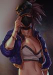  1girl akali blue_eyes bracelet breasts brown_hair choker cleavage hat_tip highres jacket jewelry k/da-akali league_of_legends looking_at_viewer mask medium_breasts midriff navel open_clothes overgank ponytail solo tied_hair 