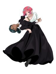  2girls amate_yuzuriha aqua_eyes bindi black_dress black_hair collared_dress dancing dark-skinned_female dark_skin dress full_body gundam gundam_gquuuuuux hair_bun highres holding_hands juliet_sleeves lalah_sune long_sleeves multiple_girls open_mouth puffy_sleeves red_hair shi101yao shirt shoes short_hair short_sleeves simple_background smile white_background white_shirt 