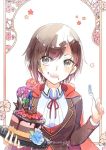  1girl :d blue_flower blue_rose brown_hair cake cape emo_(ricemo) eyebrows_visible_through_hair flower food food_on_face fork grey_eyes hair_between_eyes holding holding_fork holding_plate looking_at_viewer neck_ribbon open_mouth plate red_cape red_flower red_ribbon ribbon rose ruby_rose rwby shirt short_hair smile solo twitter_username upper_body white_shirt 