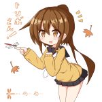  1girl :d animal autumn_leaves bangs black_sailor_collar black_skirt blush brown_eyes brown_hair brown_sweater bug commentary_request crescent crescent_moon_pin dragonfly eyebrows_visible_through_hair fumizuki_(kantai_collection) hair_between_eyes hands_up high_ponytail highres ichi insect kantai_collection leaning_forward long_hair long_sleeves necktie notice_lines open_mouth pleated_skirt ponytail sailor_collar sidelocks simple_background skirt sleeves_past_wrists smile solo sweater translated very_long_hair white_background white_neckwear 